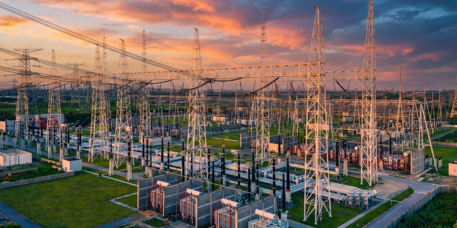 Electrical substation and transmission towers at dusk